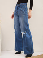 Blue Wash Denim Distressed Straight Fit Jeans