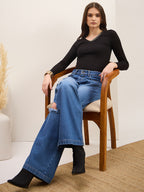 Blue Wash Denim Distressed Straight Fit Jeans