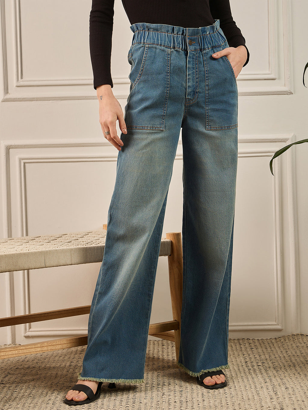 Green Wash Paper Bag Waist Straight Fit Jeans