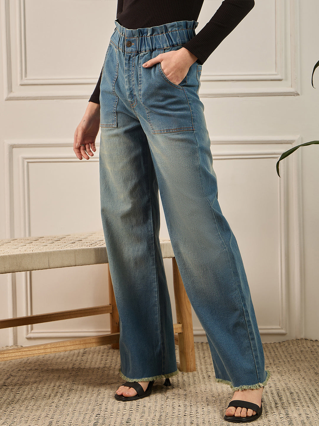 Green Wash Paper Bag Waist Straight Fit Jeans