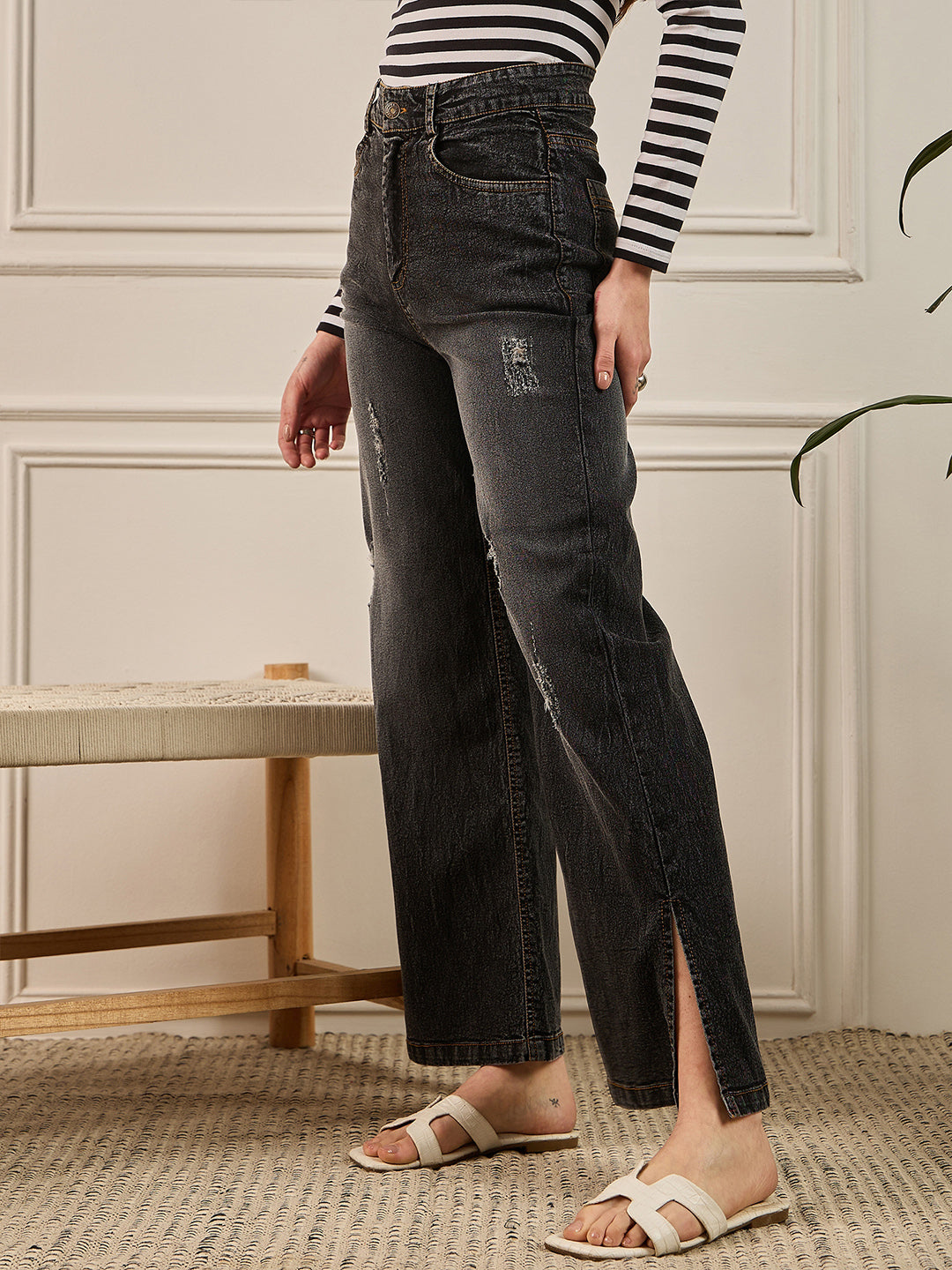 Grey Wash Distressed Straight Fit Jeans