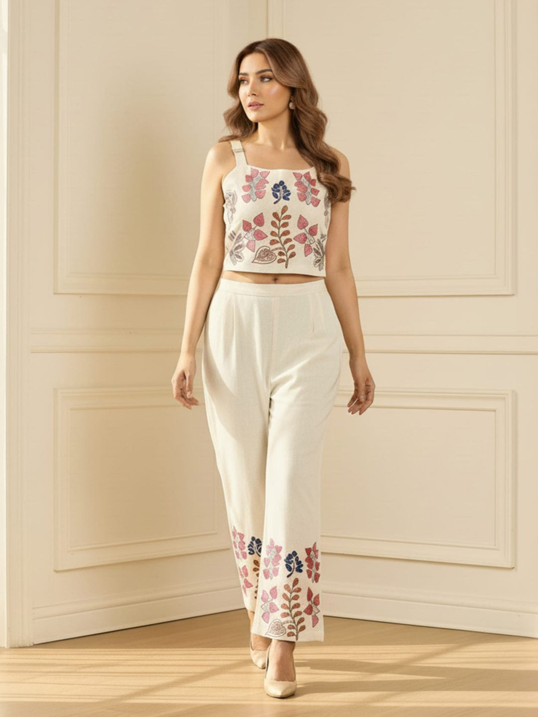 Cotton Embroidered Top With Trouser Co-Ords Set
