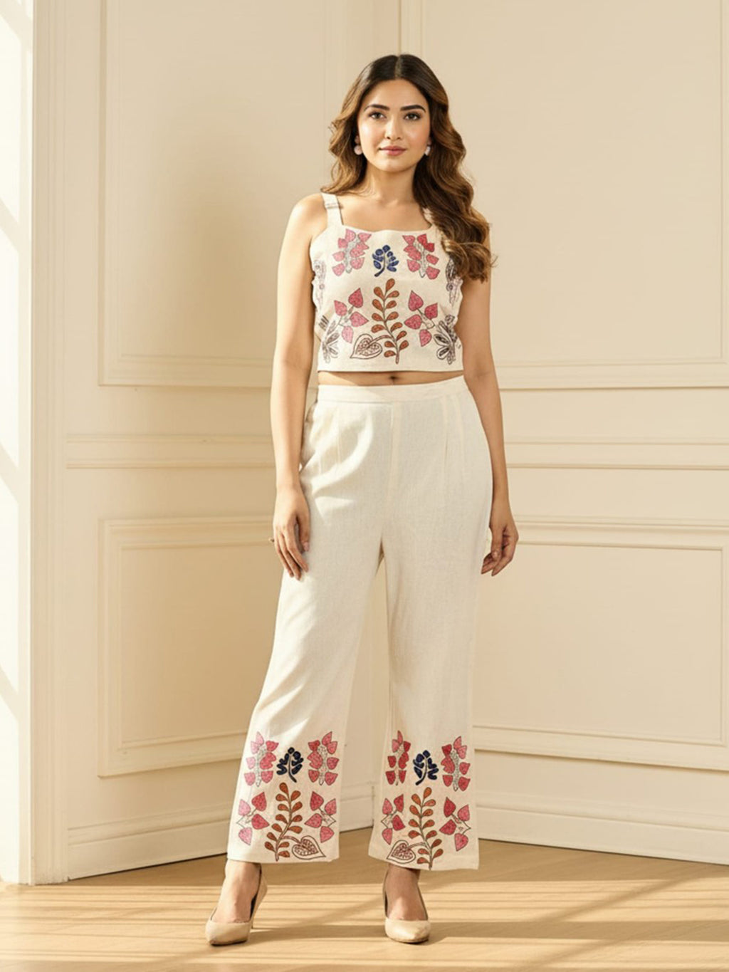 Cotton Embroidered Top With Trouser Co-Ords Set