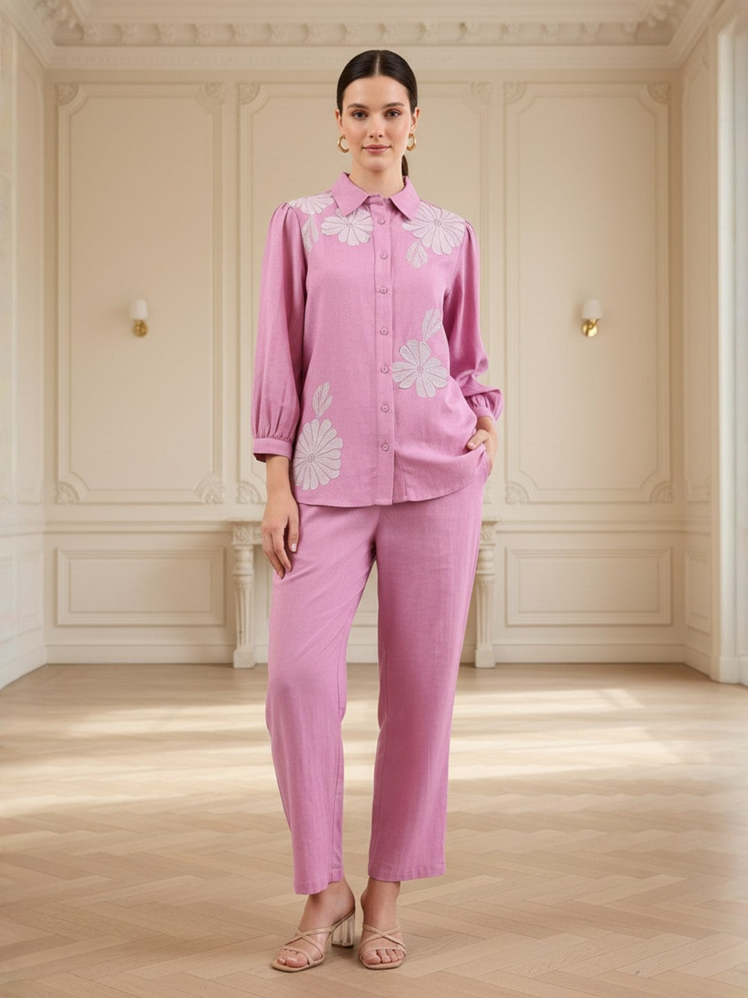 Cotton Pink Embroidered Shirt With TrouserCo-Ords Set