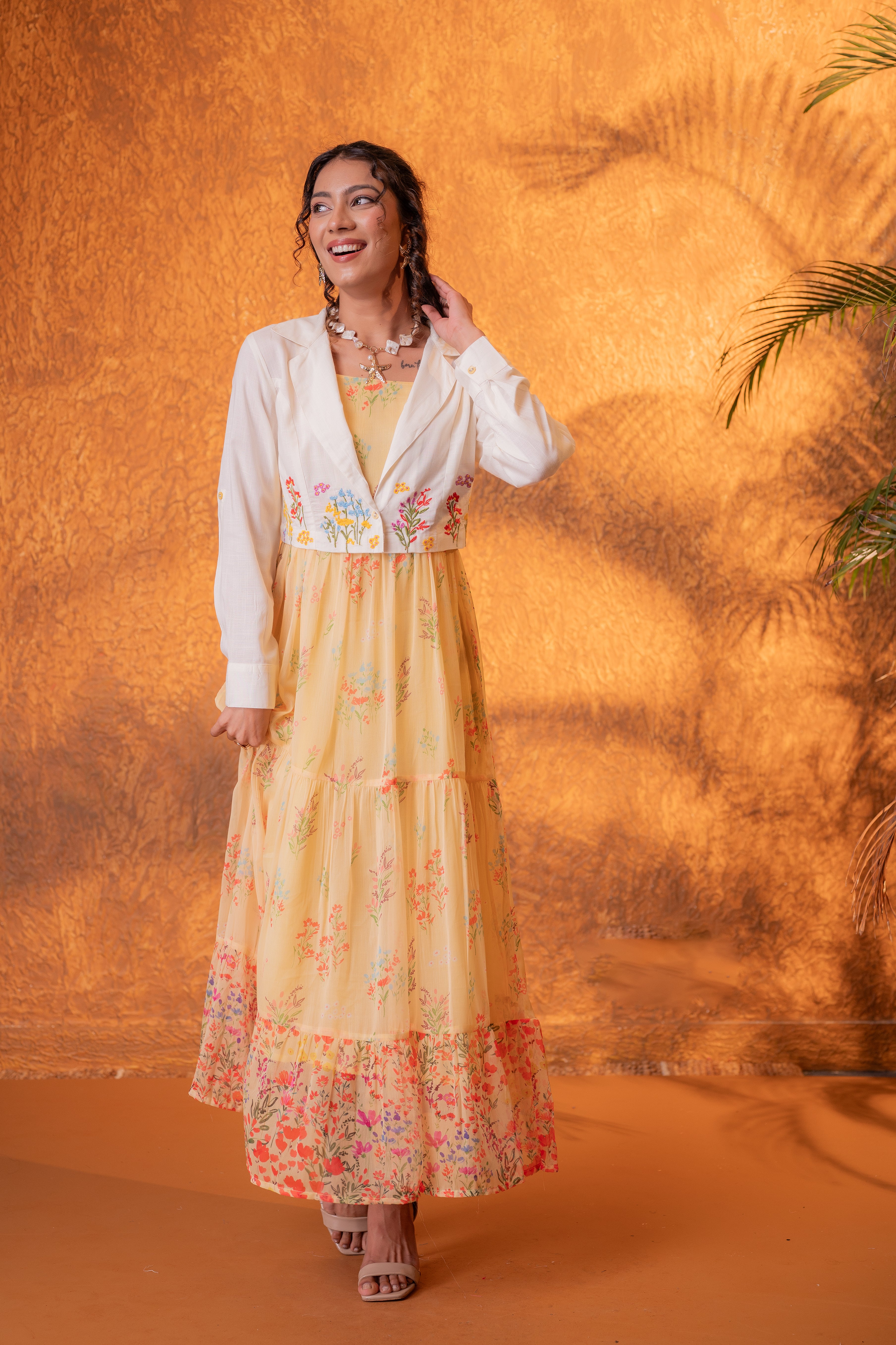 Zummer Yellow Floral Maxi Dress with Jacket