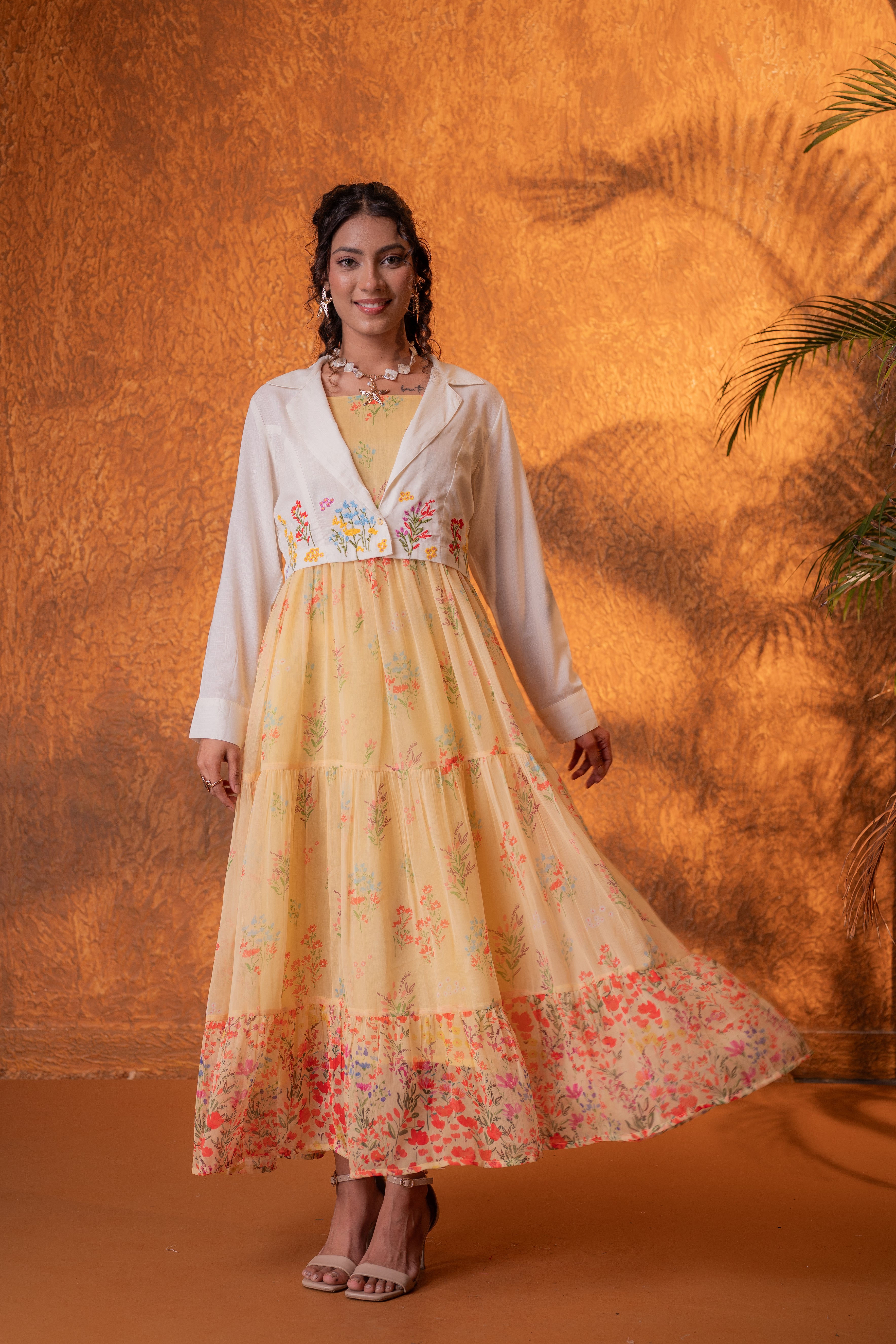 Zummer Yellow Floral Maxi Dress with Jacket