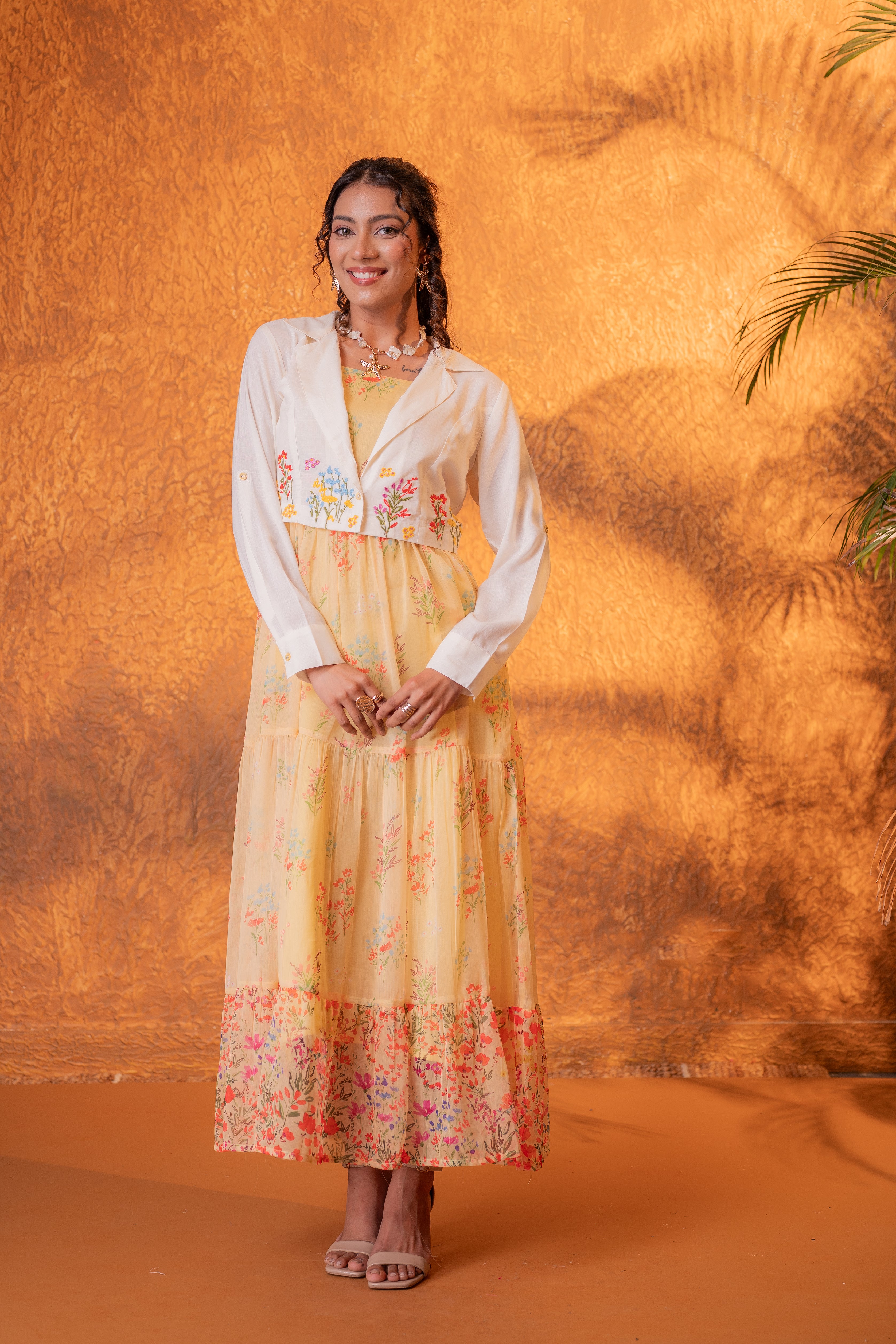 Zummer Yellow Floral Maxi Dress with Jacket