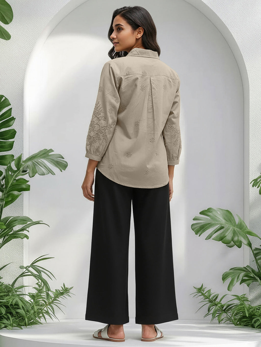 Cotton Beige Floral Embroidered Shirt