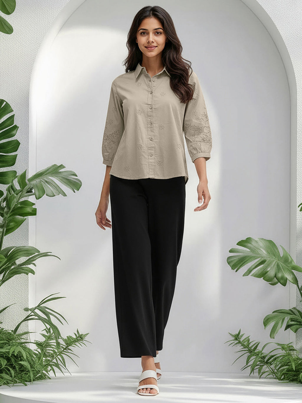 Cotton Beige Floral Embroidered Shirt