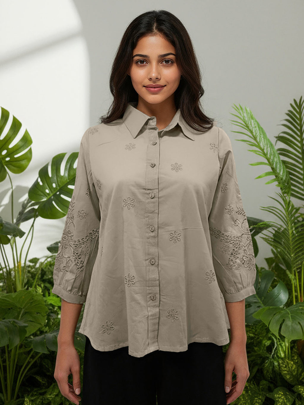 Cotton Beige Floral Embroidered Shirt