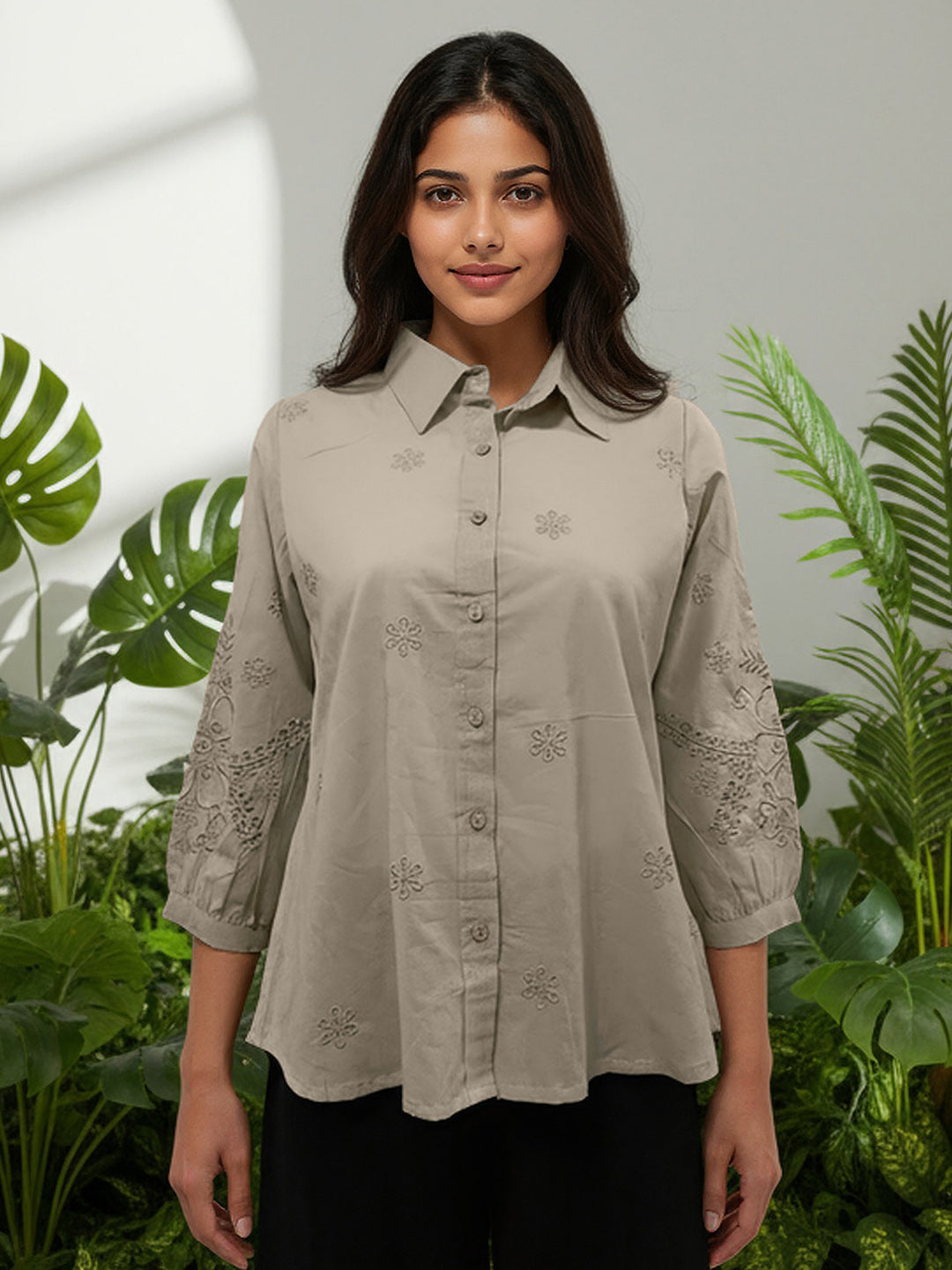 Cotton Beige Floral Embroidered Shirt