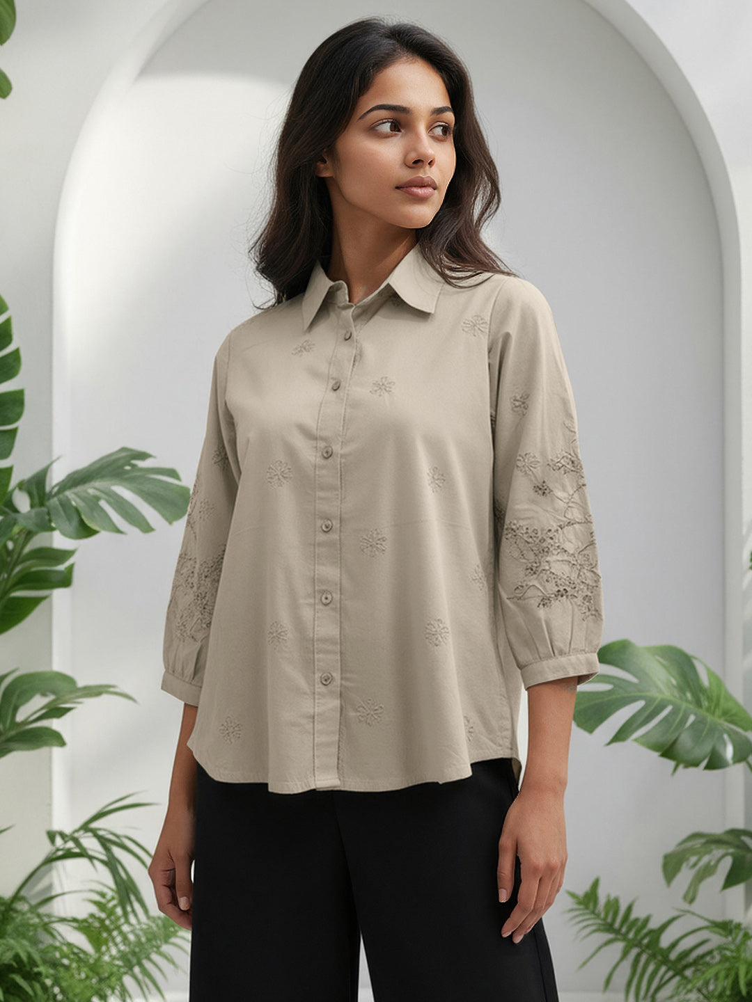 Cotton Beige Floral Embroidered Shirt