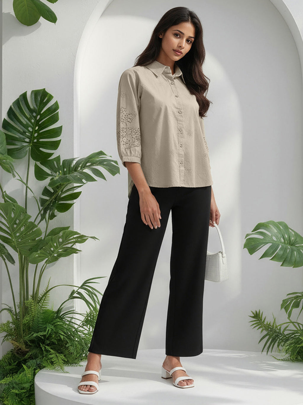 Cotton Beige Floral Embroidered Shirt