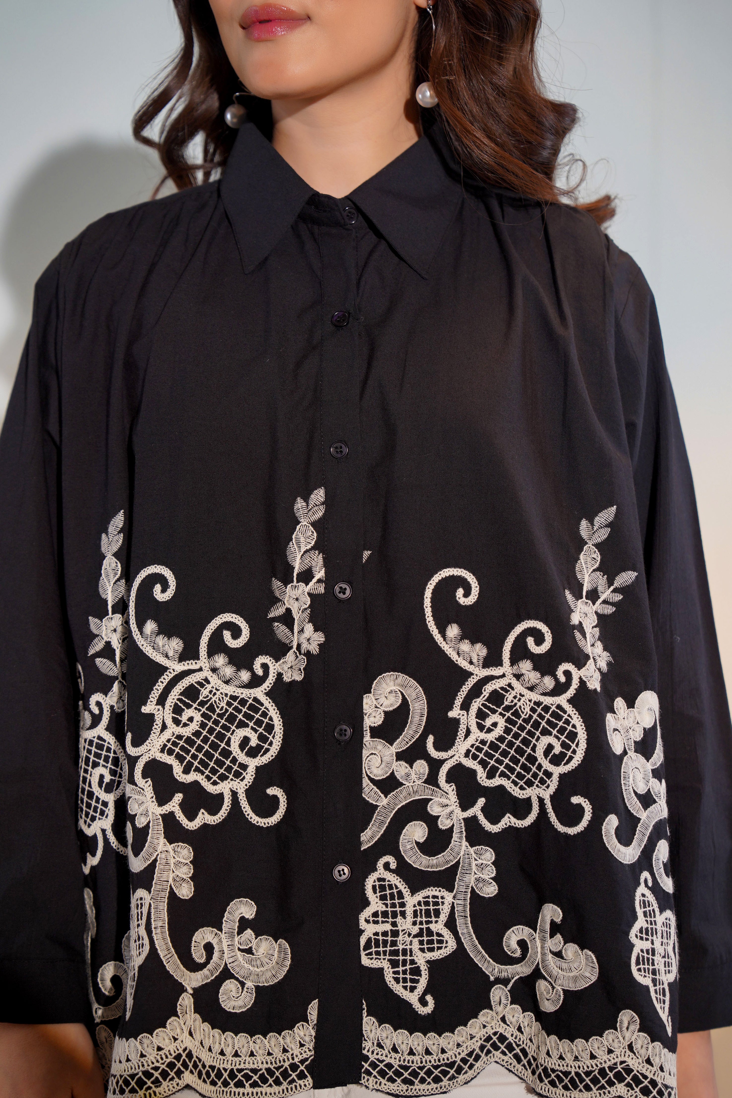 Cotton Black Embroidered Shirt