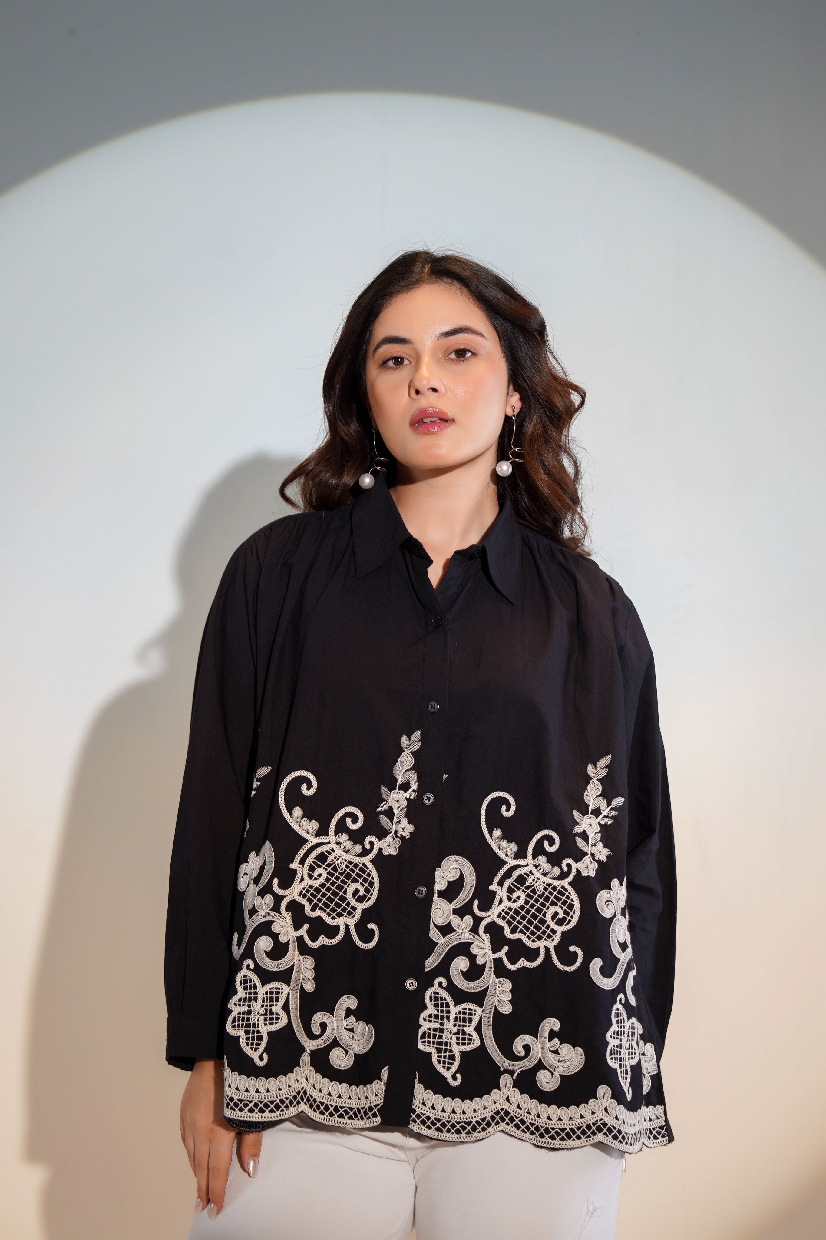 Cotton Black Embroidered Shirt
