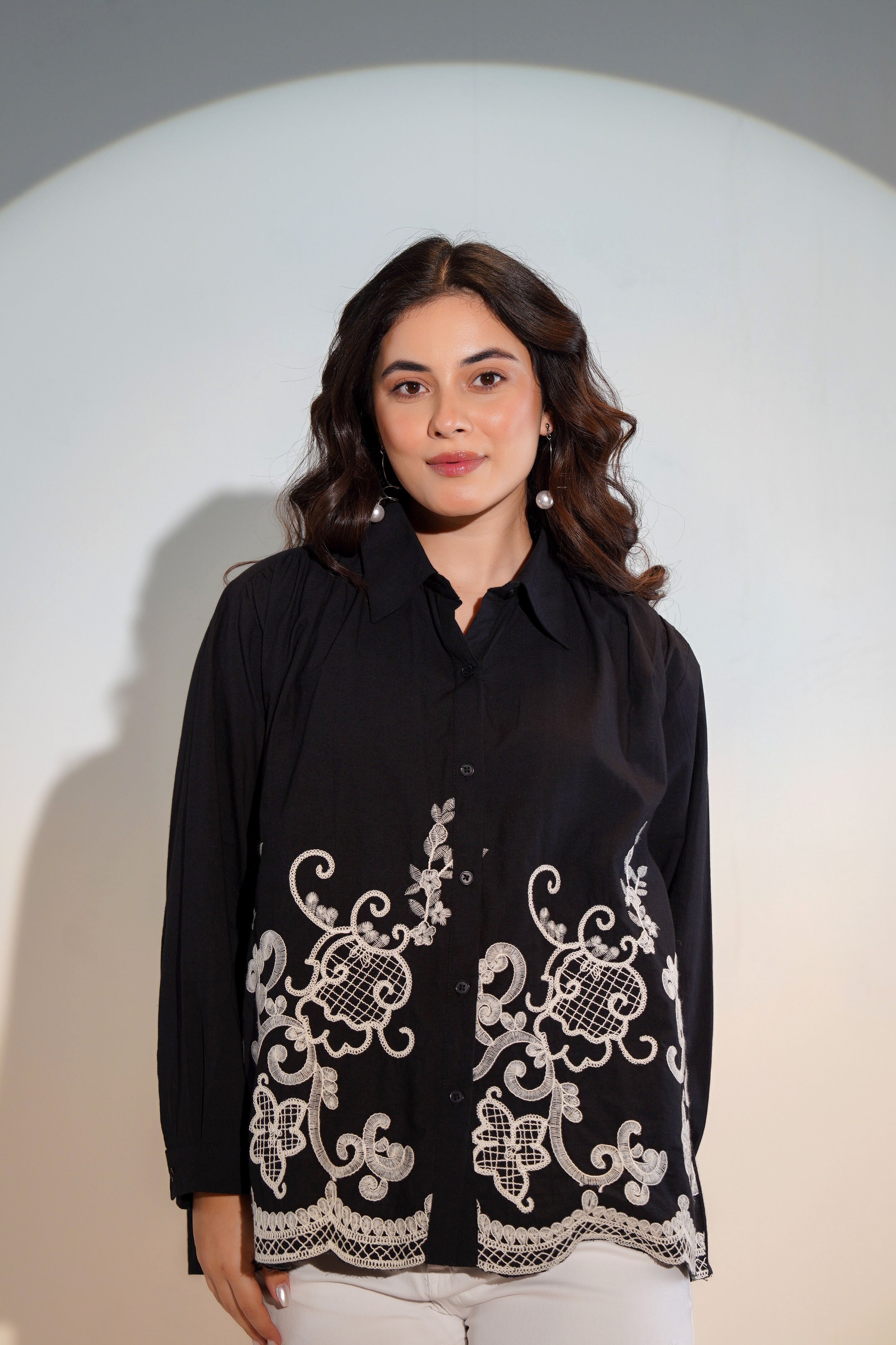 Cotton Black Embroidered Shirt
