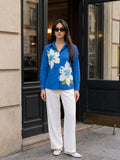 Zummer Women Blue & Off White Floral Hand Printed Cotton Shirt