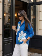 Zummer Women Blue & Off White Floral Hand Printed Cotton Shirt