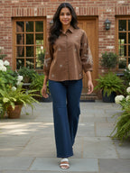 Cotton Brown Floral Embroidered Shirt