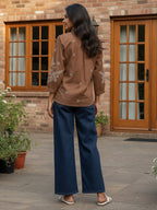 Cotton Brown Floral Embroidered Shirt