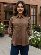 Cotton Brown Floral Embroidered Shirt