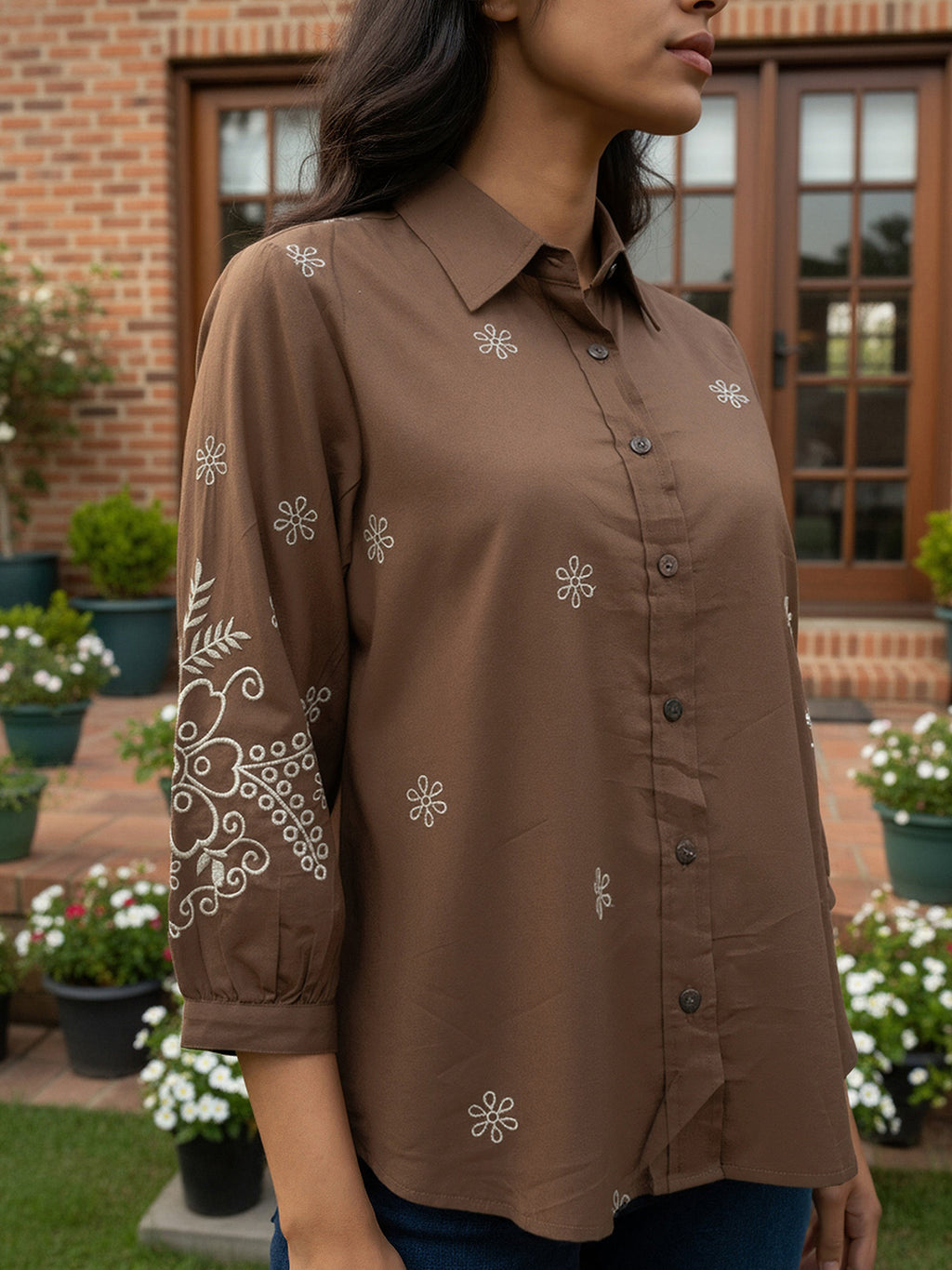 Cotton Brown Floral Embroidered Shirt