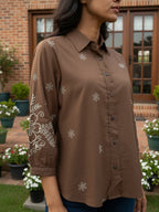 Cotton Brown Floral Embroidered Shirt