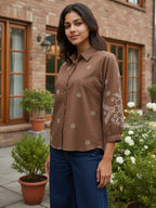 Cotton Brown Floral Embroidered Shirt