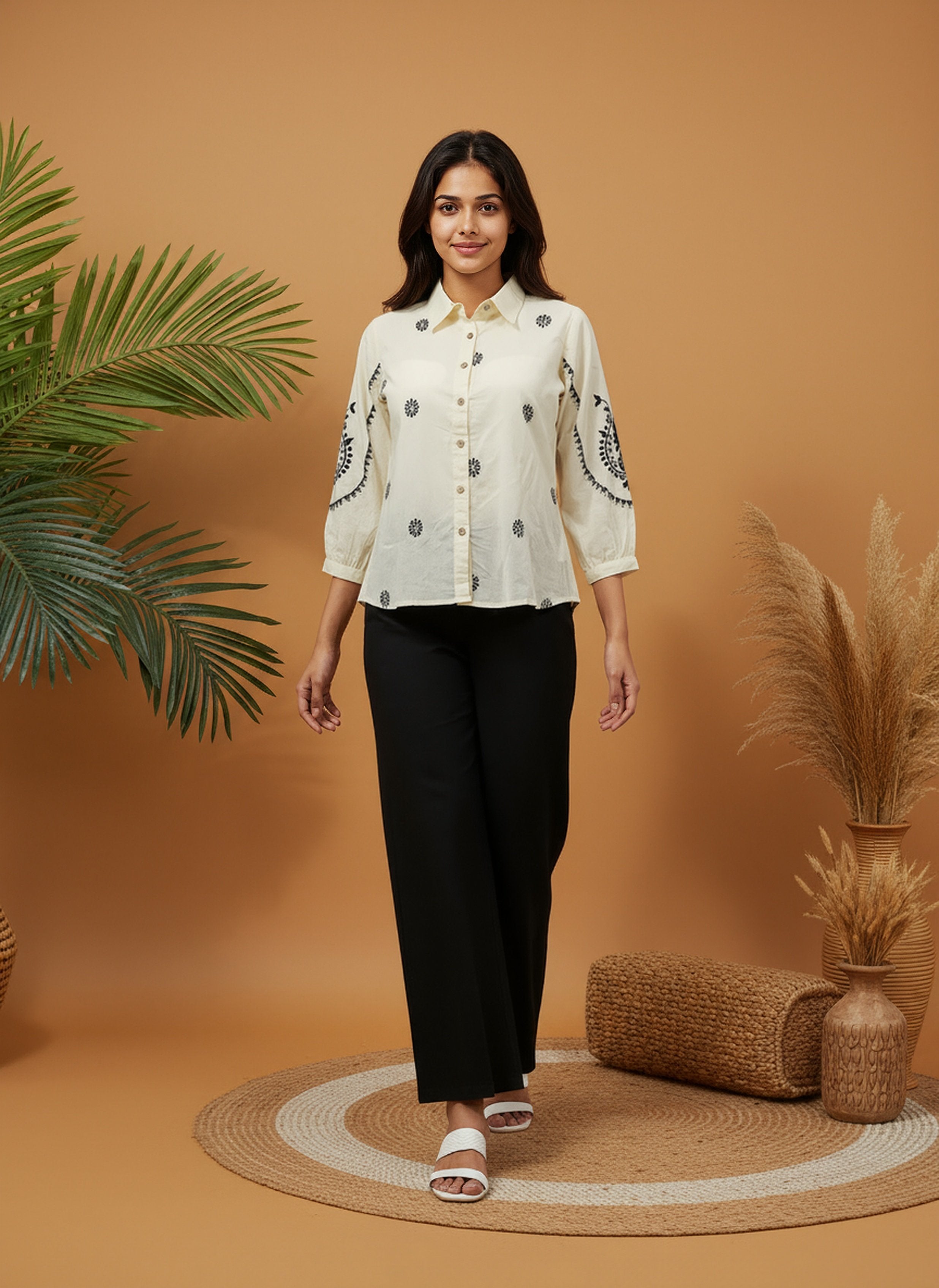 Cotton Cream Embroidered Shirt