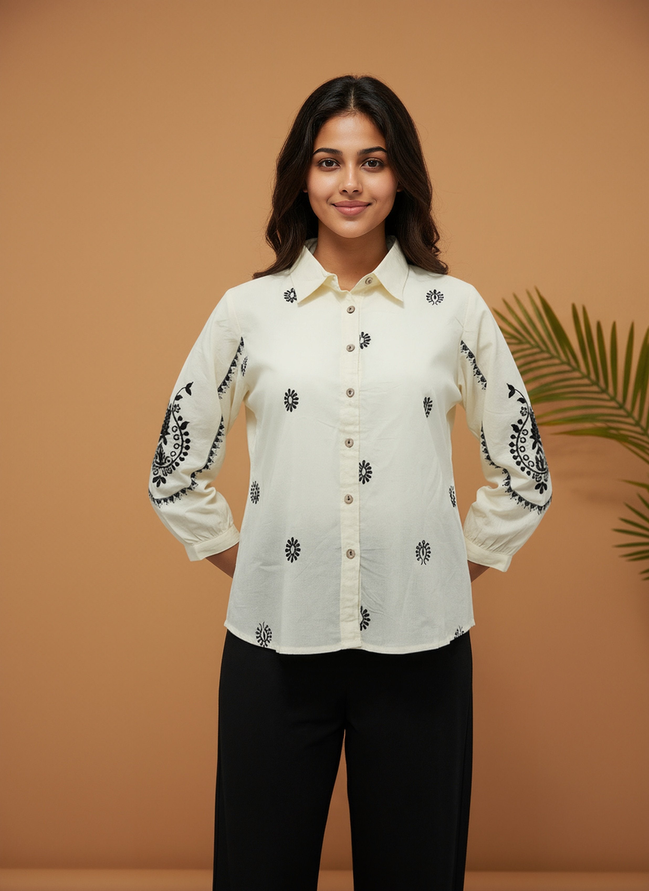 Cotton Cream Embroidered Shirt