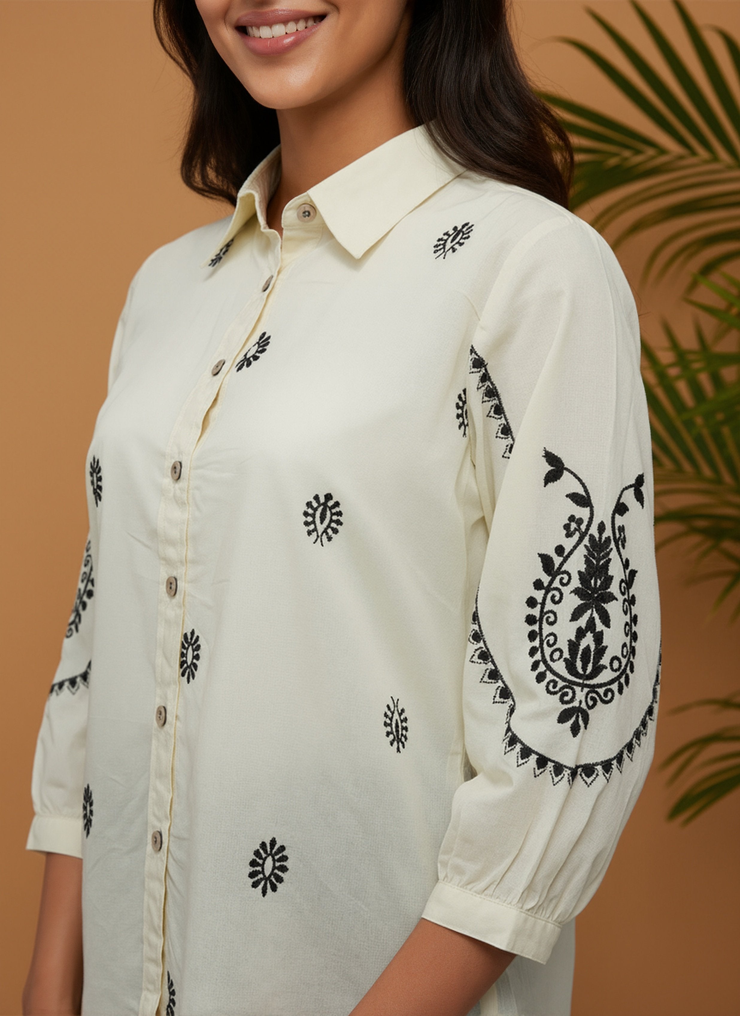 Cotton Cream Embroidered Shirt