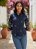 Cotton Navy Blue Floral Embroidered Shirt