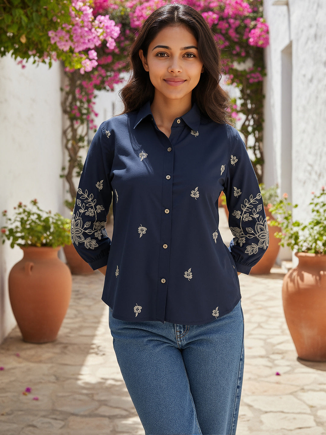 Cotton Navy Blue Floral Embroidered Shirt
