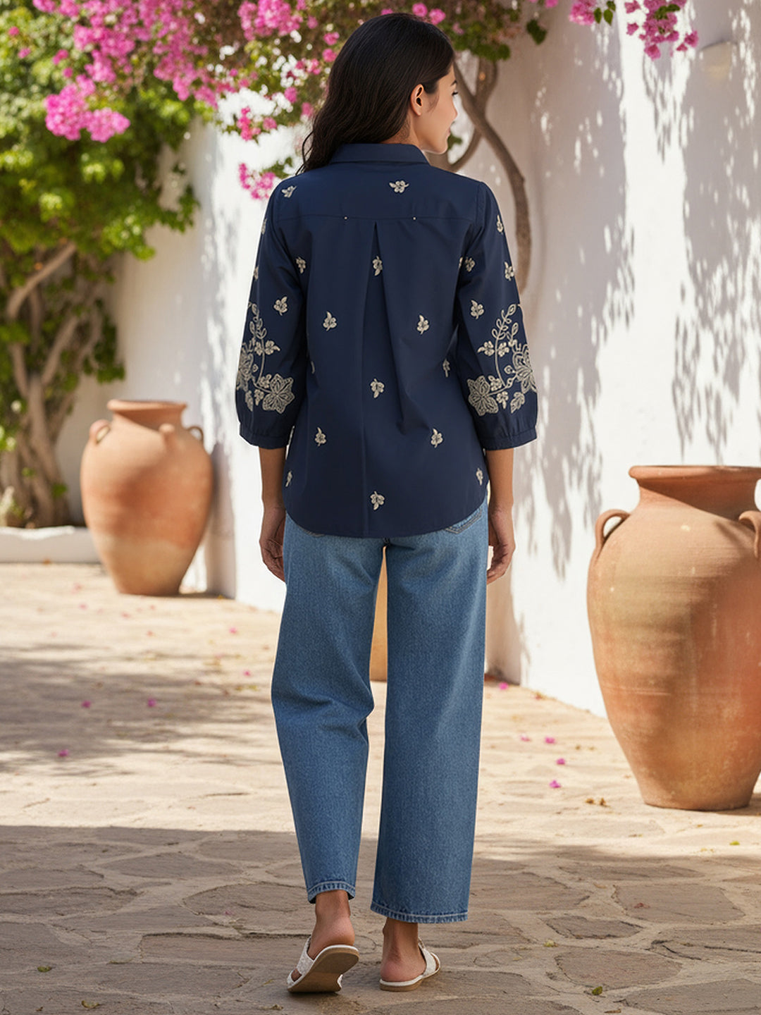 Cotton Navy Blue Floral Embroidered Shirt