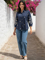 Cotton Navy Blue Floral Embroidered Shirt