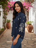 Cotton Navy Blue Floral Embroidered Shirt