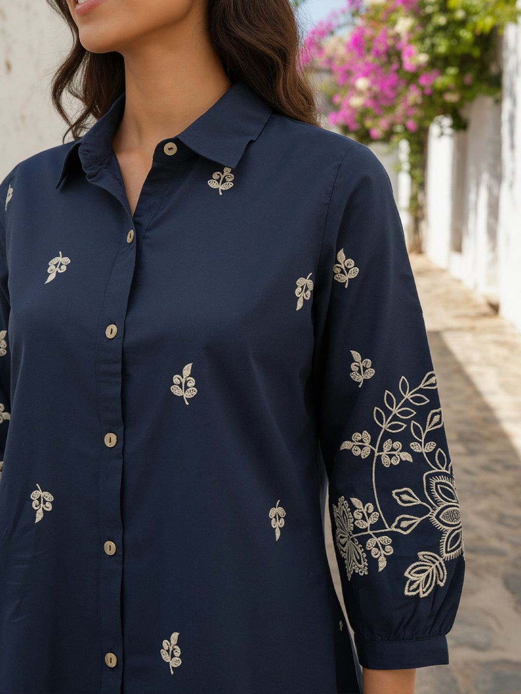 Cotton Navy Blue Floral Embroidered Shirt
