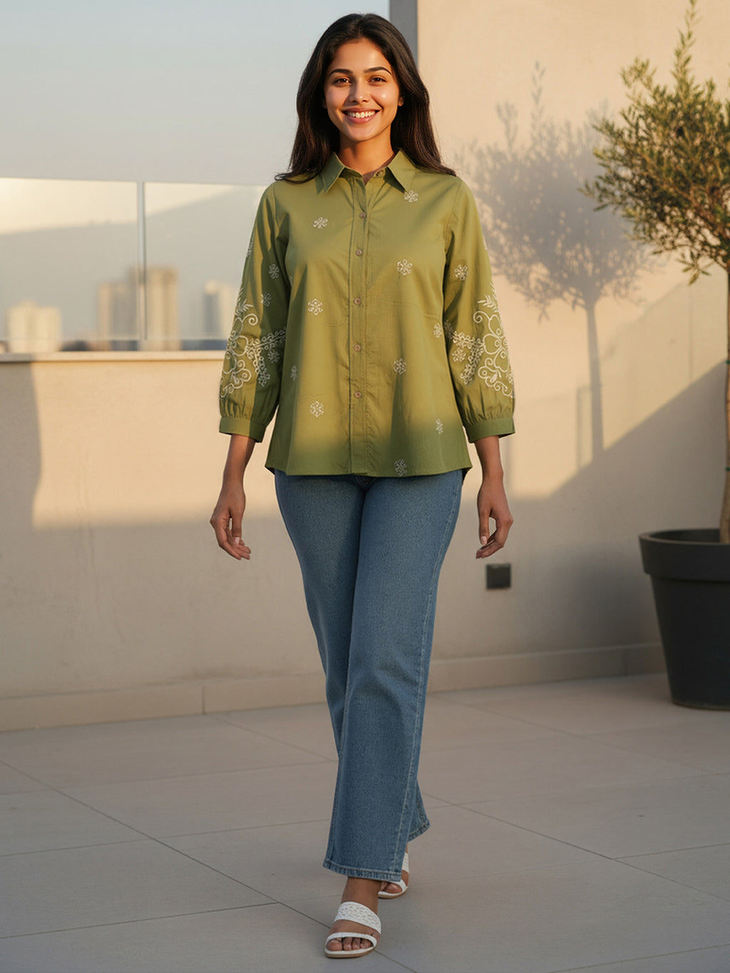 Cotton Olive Floral Embroidered Shirt