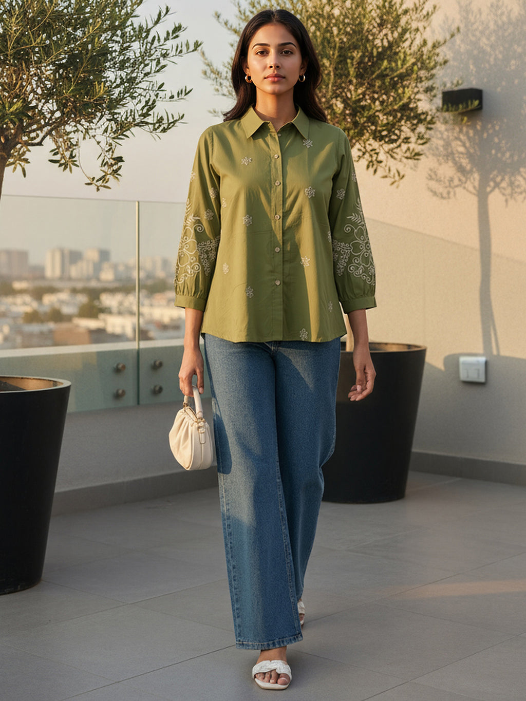 Cotton Olive Floral Embroidered Shirt