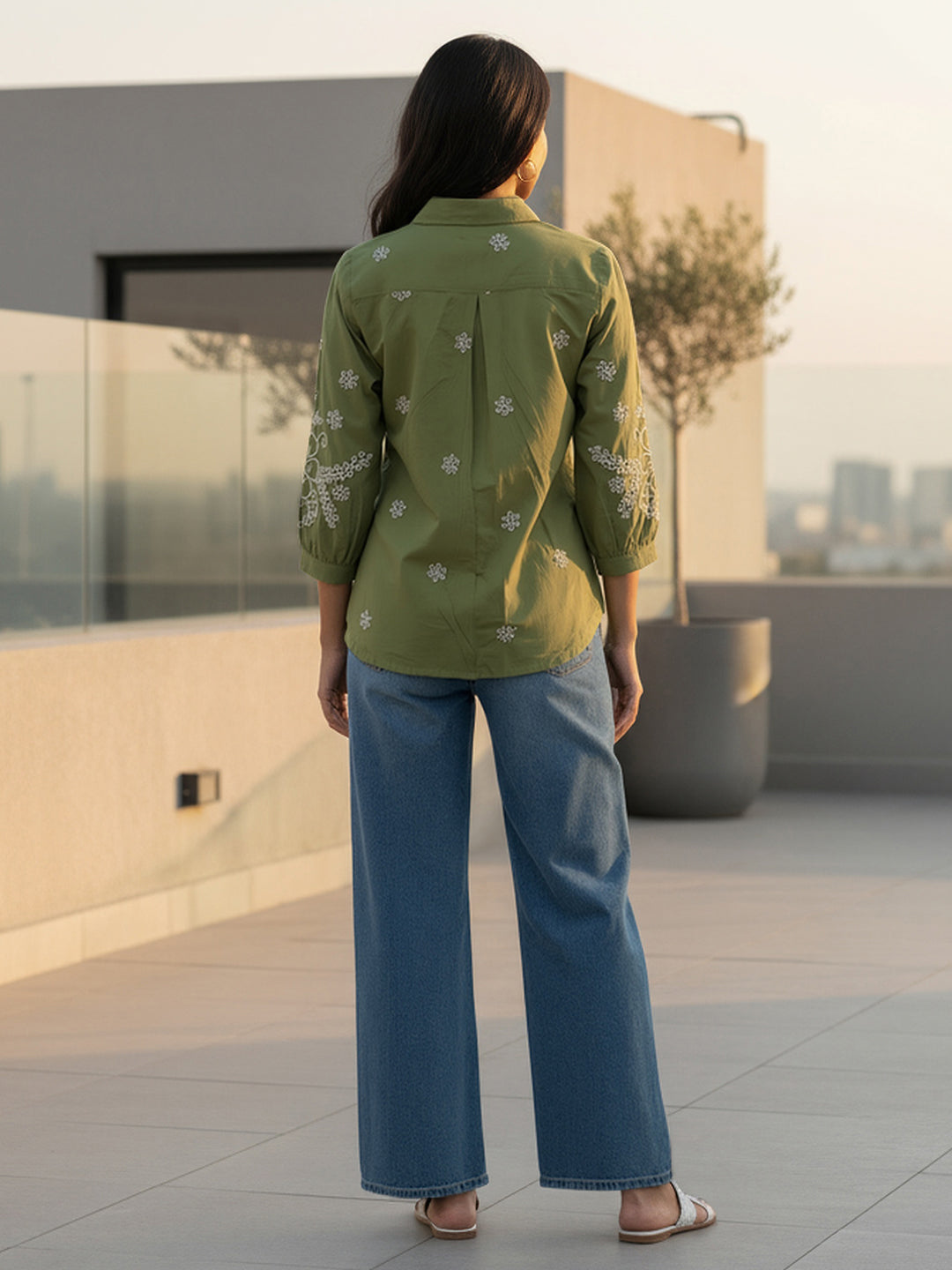 Cotton Olive Floral Embroidered Shirt