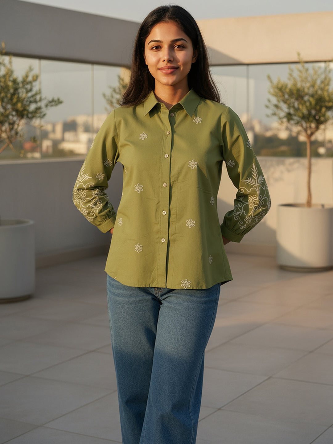 Cotton Olive Floral Embroidered Shirt
