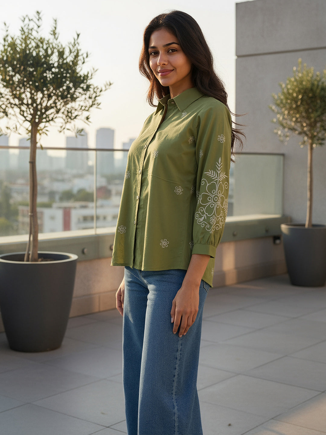 Cotton Olive Floral Embroidered Shirt