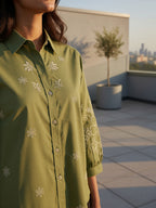Cotton Olive Floral Embroidered Shirt
