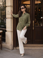 Zummer Women Olive Floral Embroidered Cotton Shirt