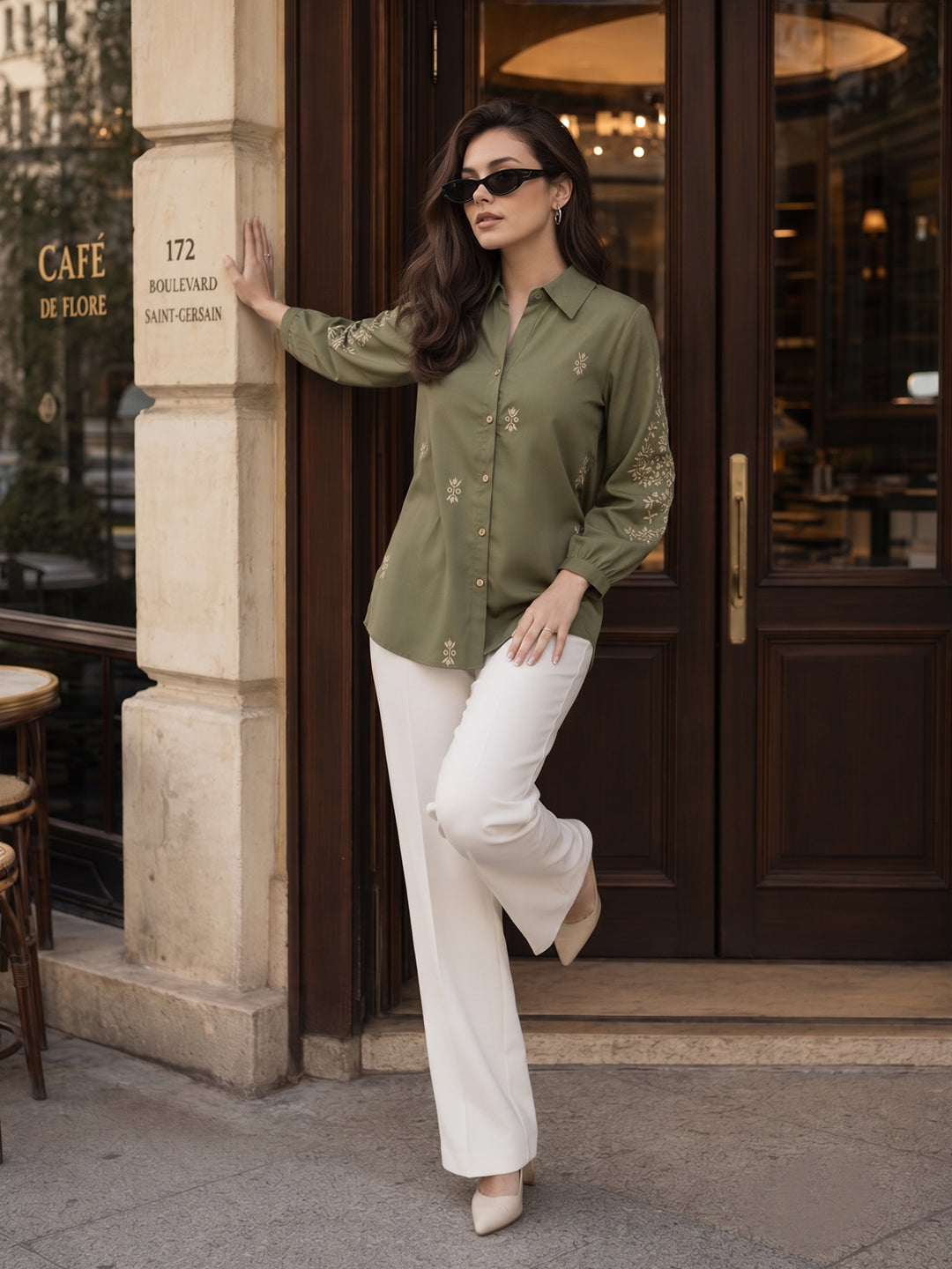 Zummer Women Olive Floral Embroidered Cotton Shirt