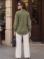 Zummer Women Olive Floral Embroidered Cotton Shirt