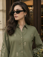 Zummer Women Olive Floral Embroidered Cotton Shirt