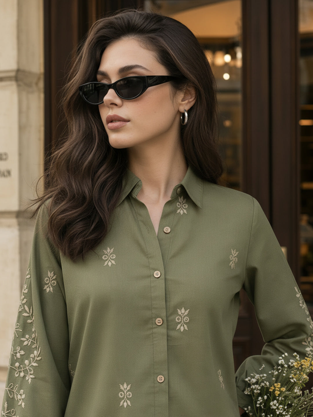 Zummer Women Olive Floral Embroidered Cotton Shirt