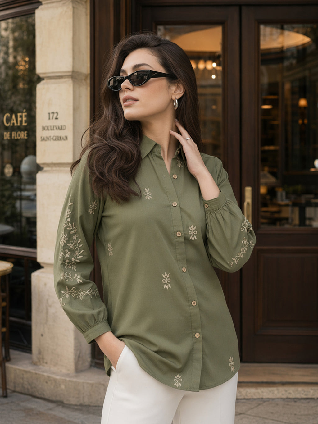 Zummer Women Olive Floral Embroidered Cotton Shirt