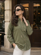 Zummer Women Olive Floral Embroidered Cotton Shirt